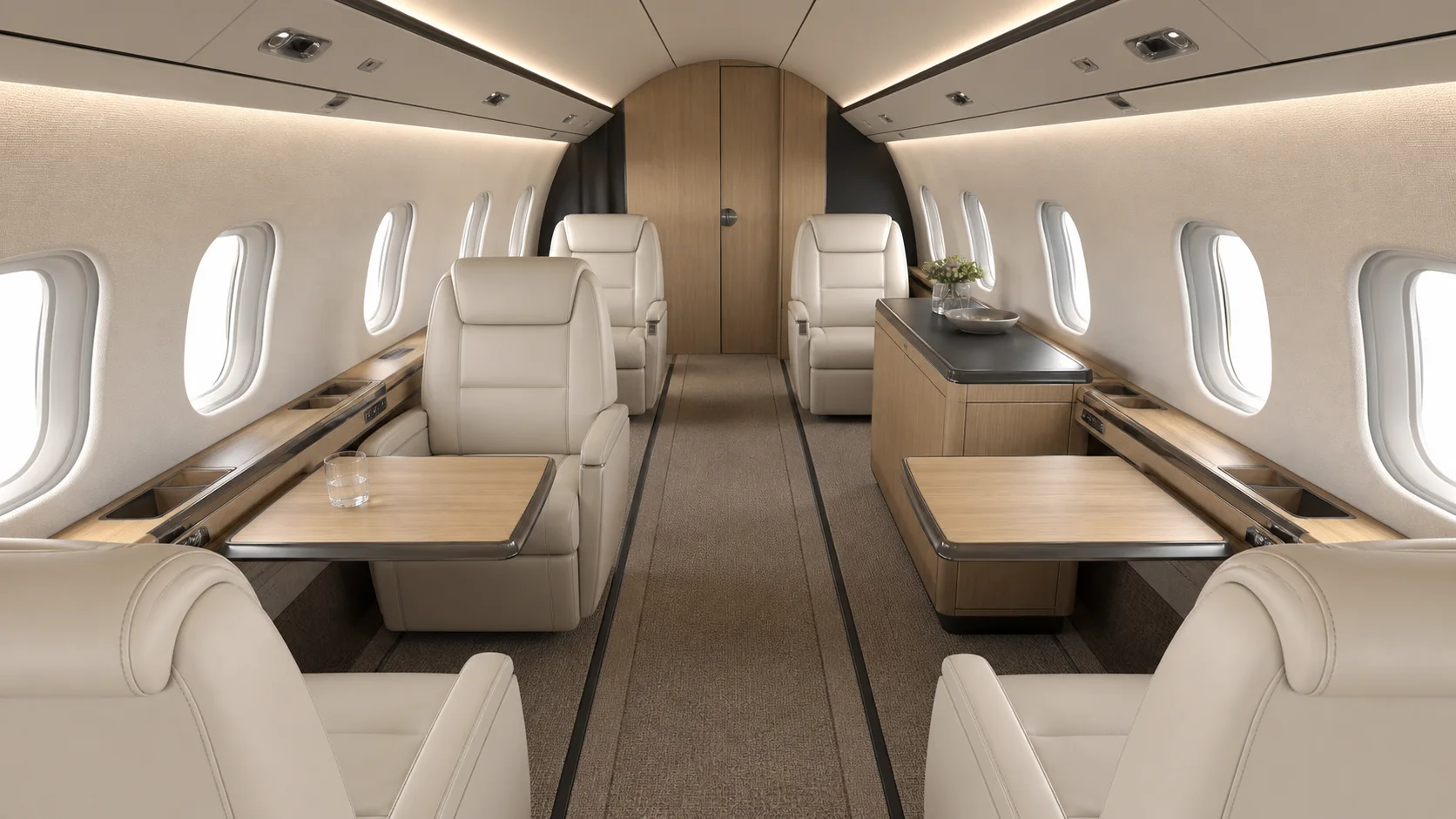 Premium six-seat business aircraft cabin inside a professional 3D configurator environment