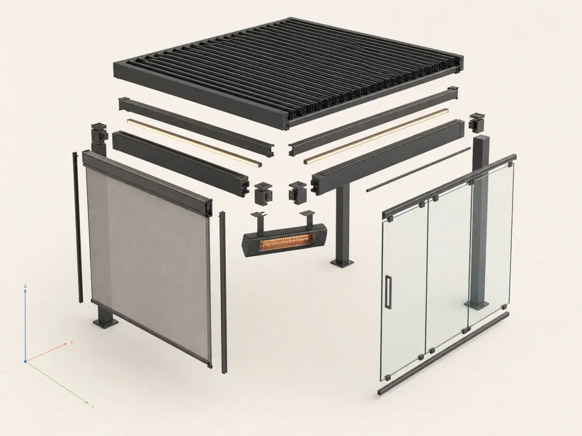 Separated pergola components arranged to explain the product structure