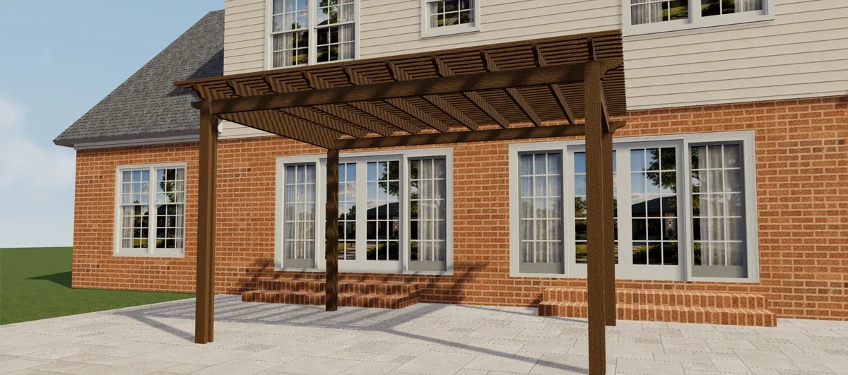 Front view of a brown Elite Aluminum pergola with an open slatted roof