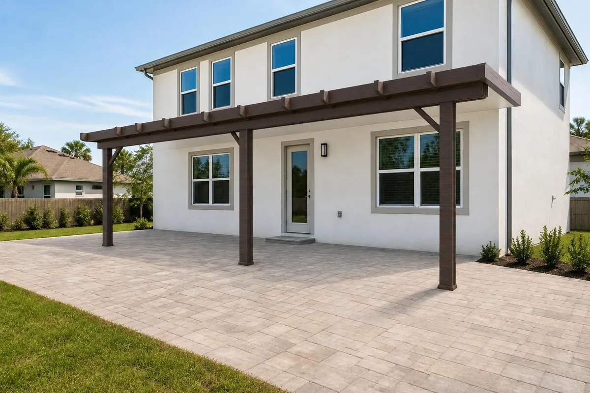 Timber-style pergola shading a paved terrace beside a white house