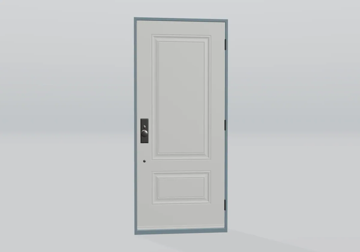 White panelled single door with a dark knob and grey frame
