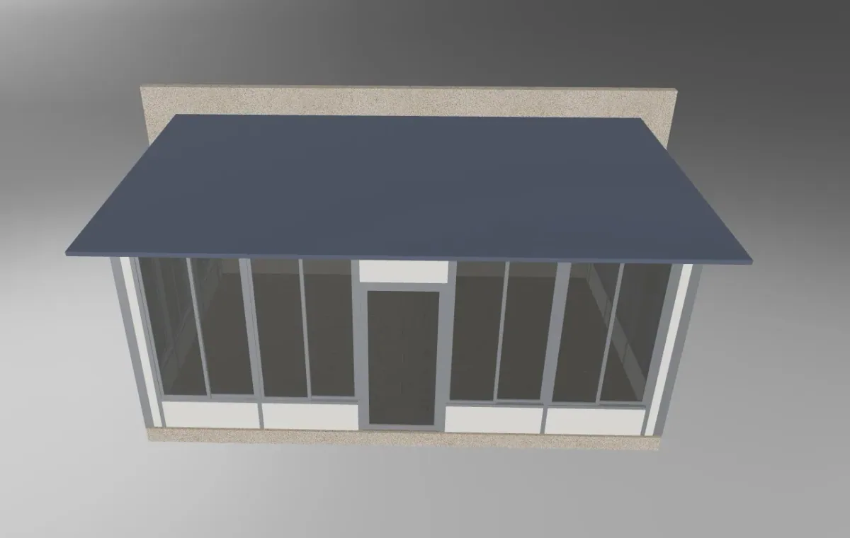 Elevated view of the roof and glazed walls of a sunroom