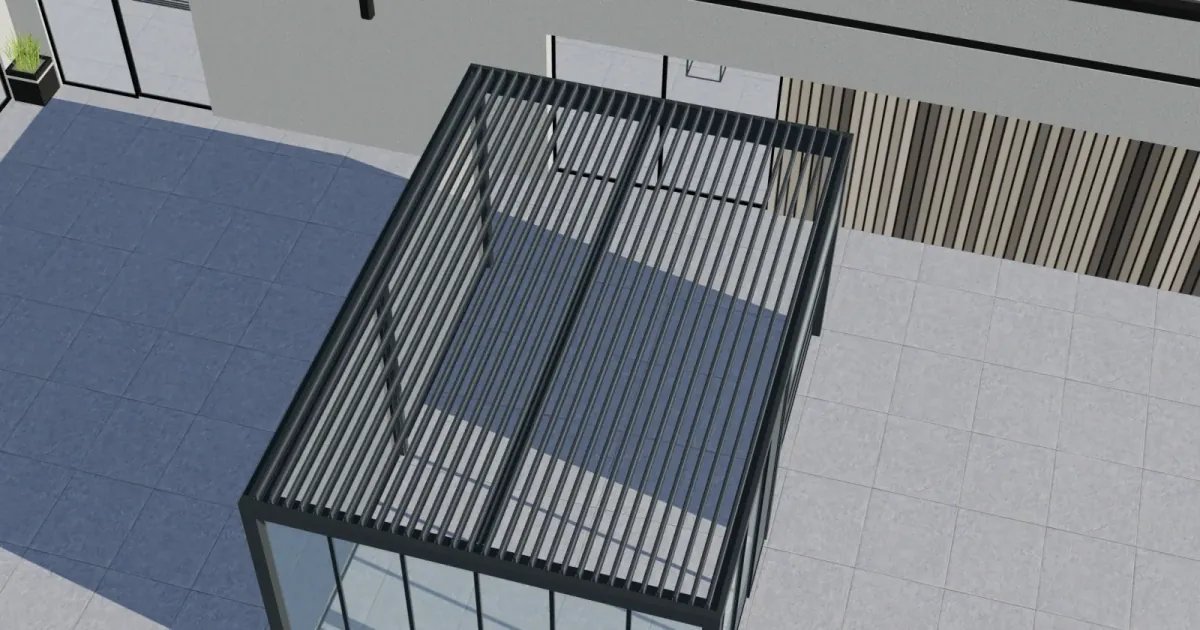 Top-down Configurix 3D view of a bioclimatic pergola showing the louvered roof layout and frame geometry.