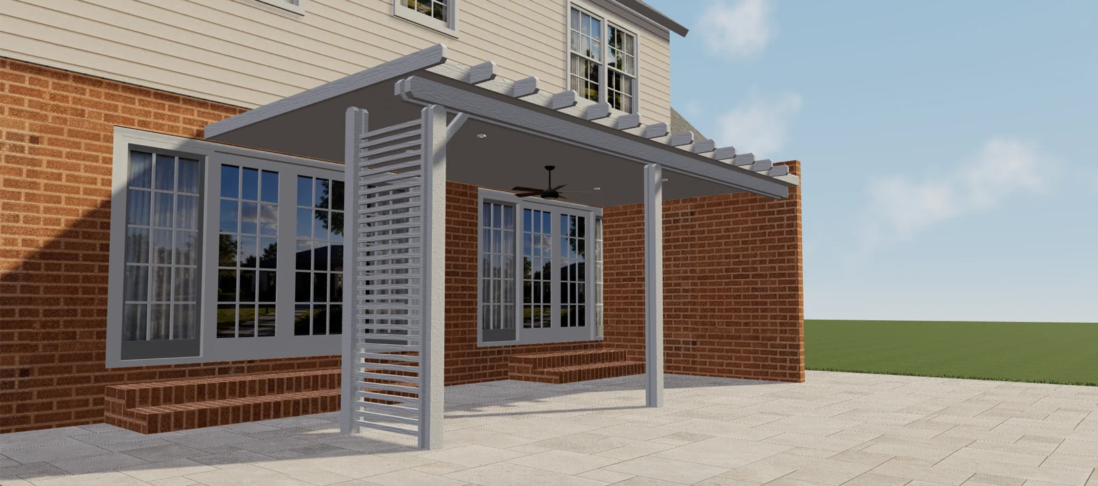 3D preview of a white covered pergola with a slatted side panel, ceiling fan and recessed lights.