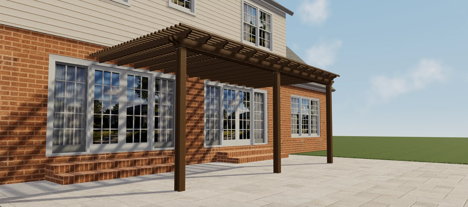 Side view of a brown wood-look pergola showing its open roof slats, posts and decorative beam ends.