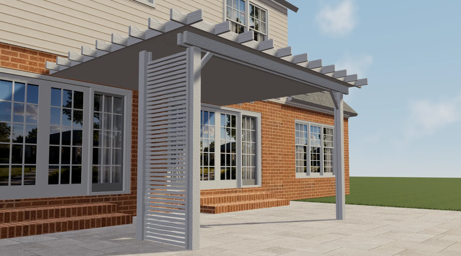 Elite Aluminum pergola configurator 3D preview showing a white covered pergola with decorative rafter ends, angled braces and a slatted side panel beside a brick house.