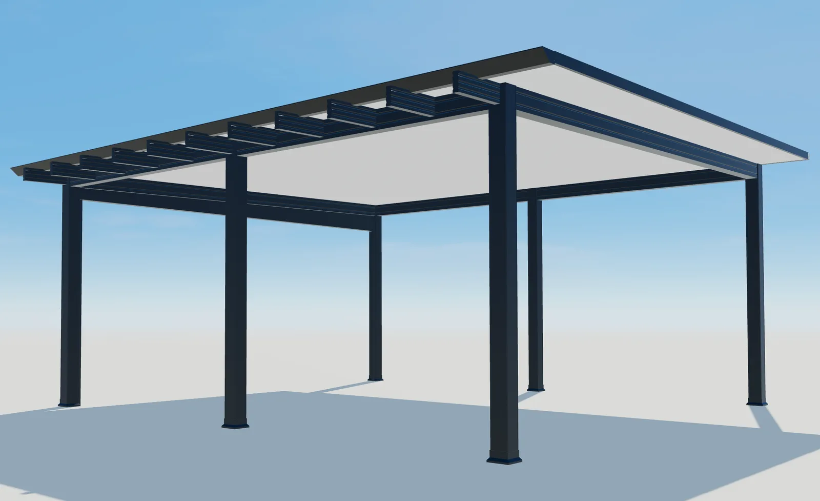 3D view showing the exposed roof beams, dark frame and pale roof panels of a Pergola Plus structure.