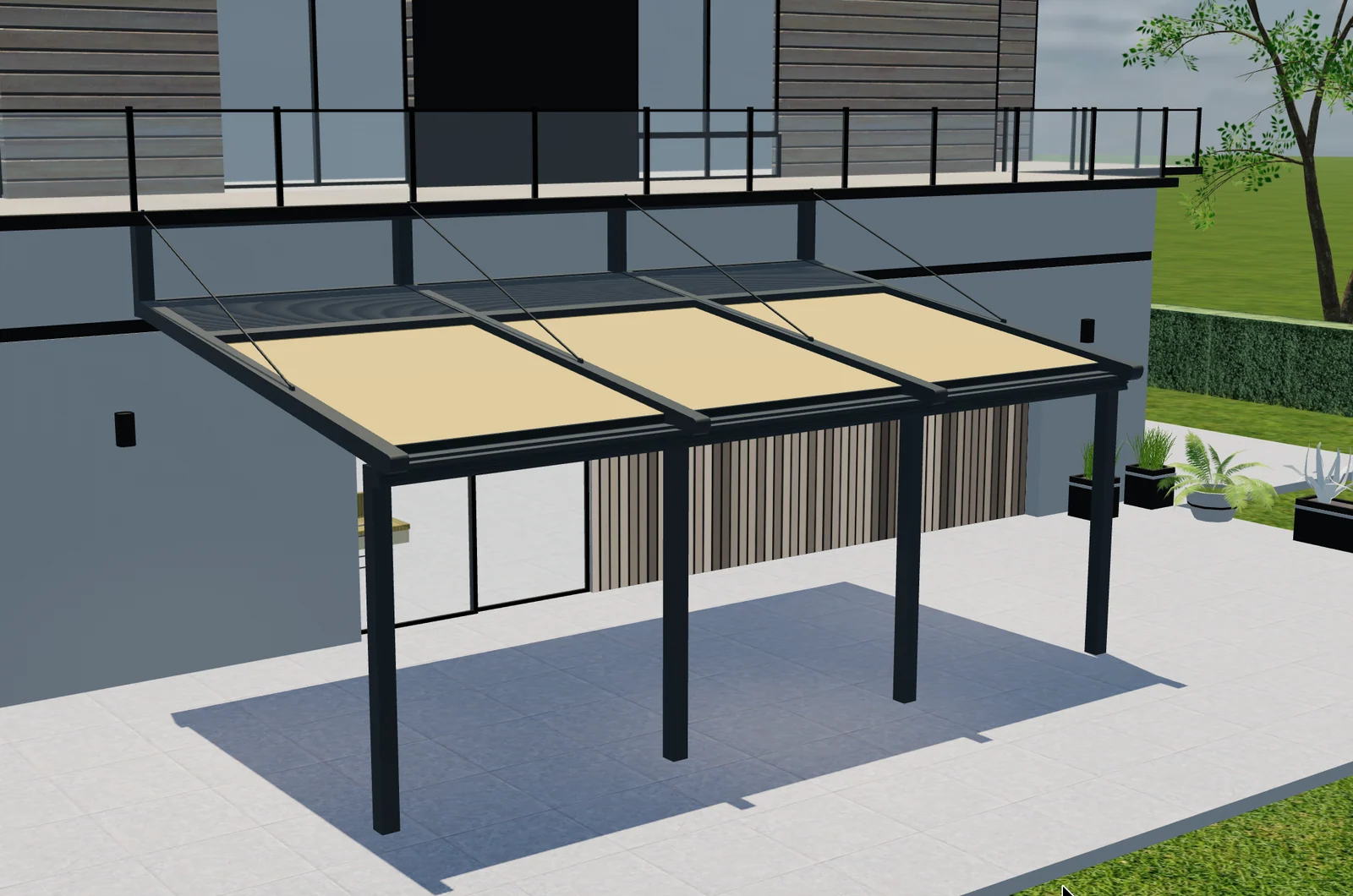 Elevated 3D view of a wall-mounted pergola with a cream fabric roof, dark frame and front posts.