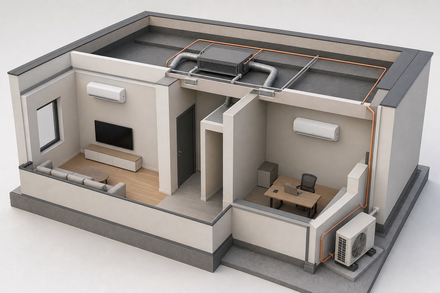 Multi-zone air-conditioning project with indoor units, a concealed unit and outdoor equipment in a professional 3D configurator cutaway