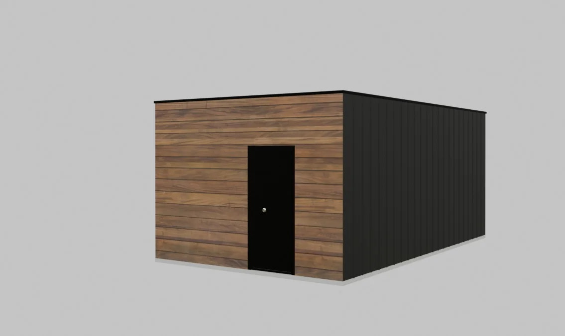 Modular housing configurator exterior with timber facade and entrance door