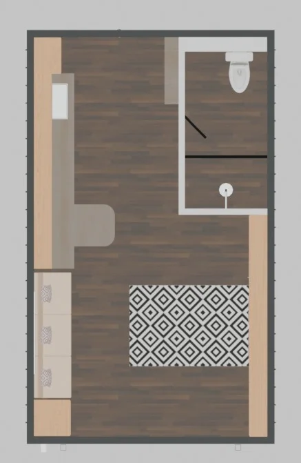 Top-down plan view for a compact modular home with sleeping and bathroom zones