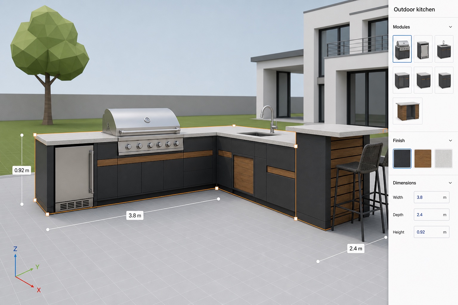 Selected modular outdoor kitchen inside a real-time 3D configurator viewport