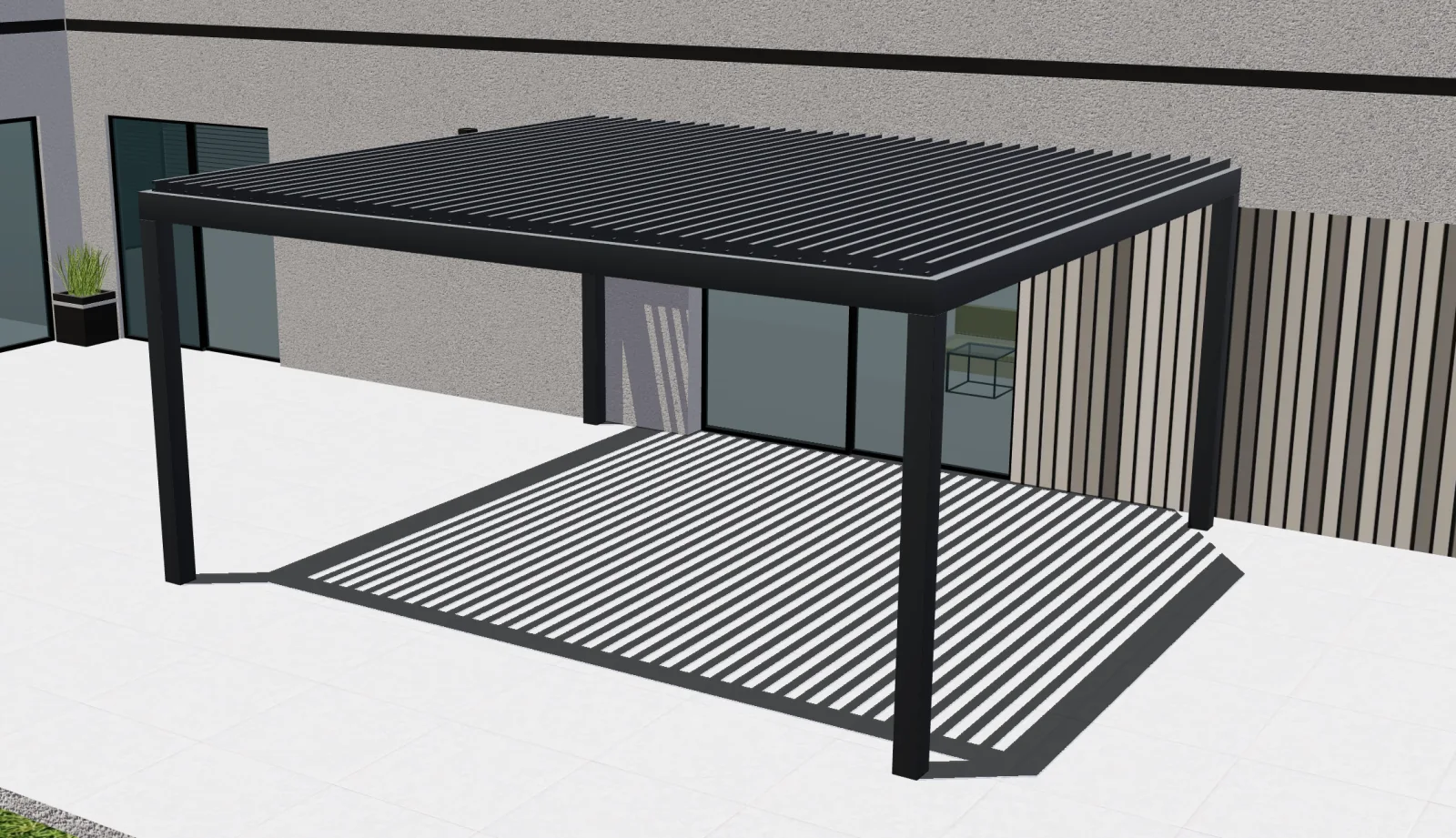 Configurix 3D preview of a bioclimatic pergola with open aluminium louvres