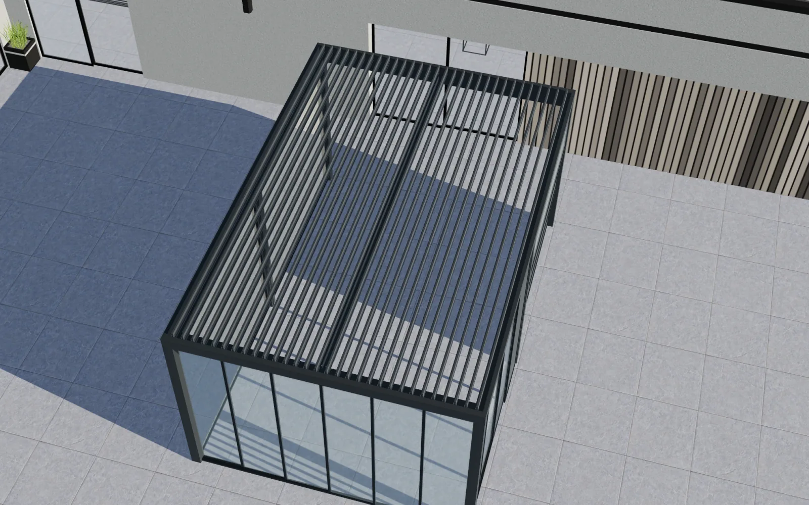 Top view of open roof louvres in the Configurix bioclimatic pergola configurator