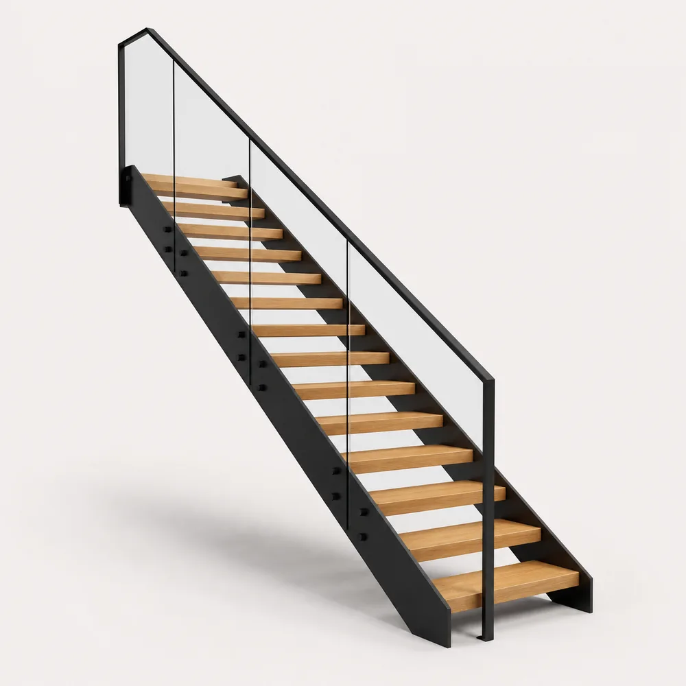 Configurable steel and oak staircase with glass balustrade