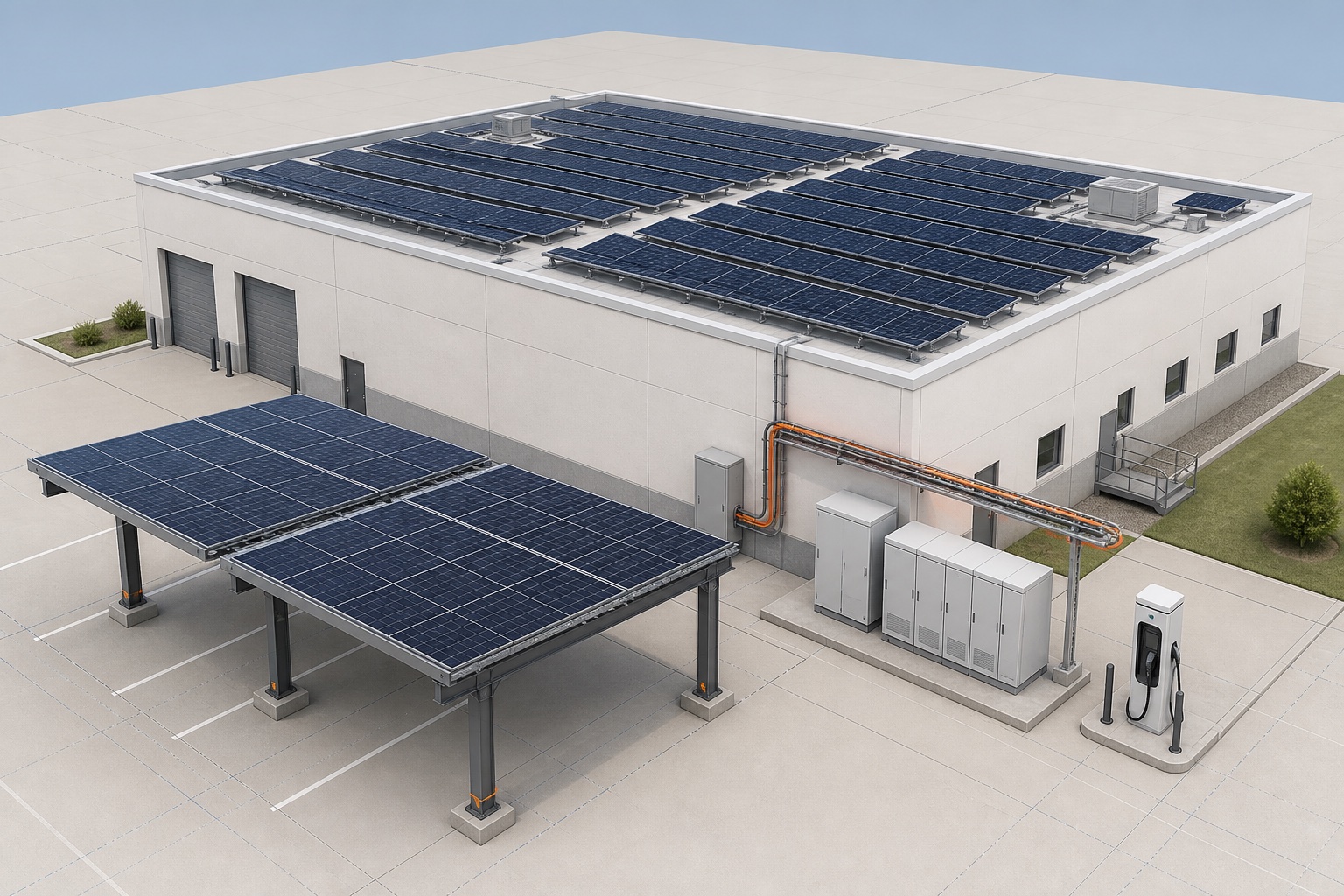 Commercial solar project with rooftop photovoltaic arrays, a two-bay solar canopy, inverter and battery cabinets, and EV charging in a professional 3D configurator studio