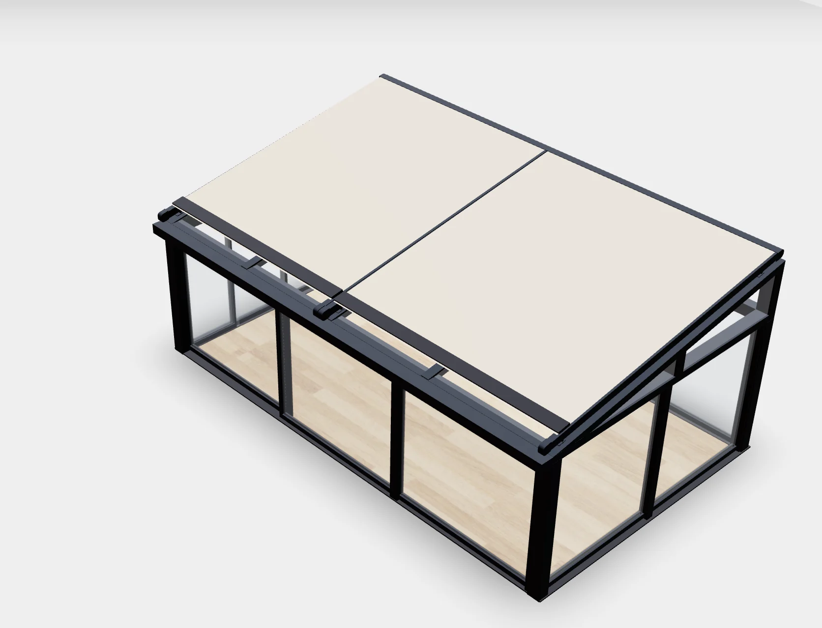 3D veranda and glass roof configurator 3D configurator view of a made-to-measure veranda with framed roof panels and sliding glass walls.
